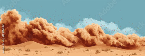 Vetor de nuvens de poeira laranja soprando sobre uma paisagem árida sob um céu azul