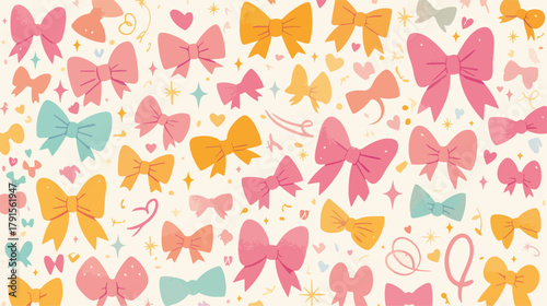 Padrão de laços coloridos em tons pastel com corações e estrelas, vetor para design feminino e infantil.