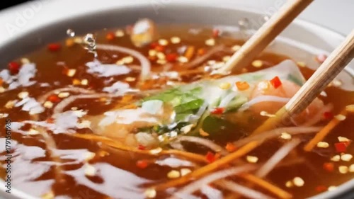 Delicious Vietnamese Spring Roll Dipped in Flavorful Sauce with Chopsticks.