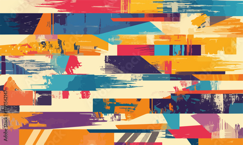 Abstrato vetor com pinceladas coloridas e formas geométricas sobre fundo claro, arte moderna.