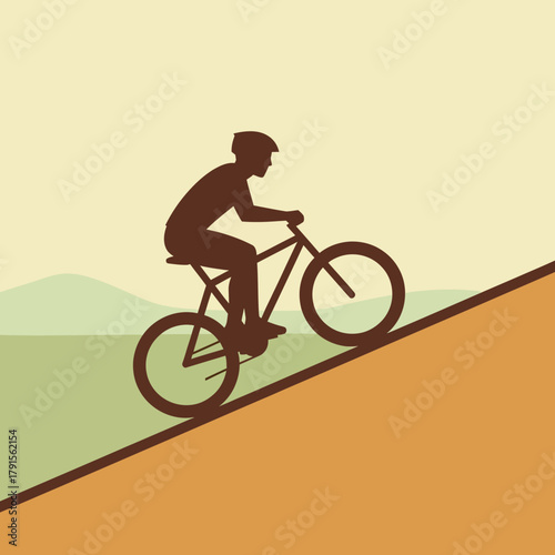 Flat vector of a man cycling uphill, side angle, simple geometric shapes, warm gradient sky background