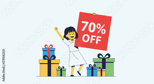 Flat minimalist illustration of a woman excitedly holding 70% off sign, surrounded by gift boxes.