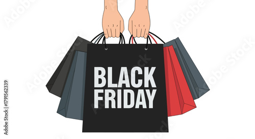 Flat vector of hands holding shopping bags with bold text "Black Friday", isolated on white