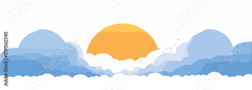 Sol nascendo atrás de nuvens azuis com pássaros voando ao longe, ilustração vetorial minimalista.