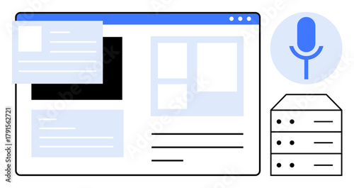 Web page with content elements, microphone icon for voice technology, and server stack. Ideal for data management, web development, voice commands, AI, digital services, tech growth simple flat