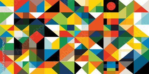 Padrão geométrico abstrato com formas triangulares e quadradas em cores vibrantes, vetor moderno.