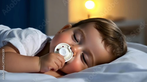 Sweet baby sleeping soundly with a pacifier in a cozy bed at nighttime.