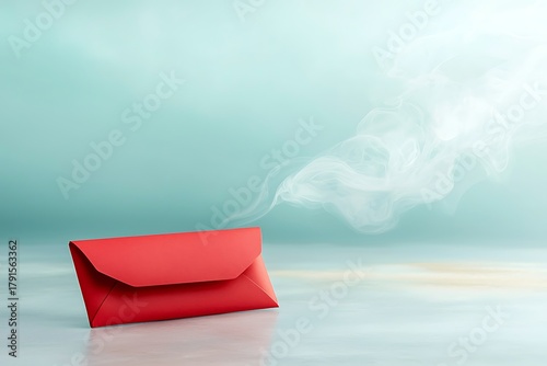 Red Envelope on Smooth Surface with Smoke and Soft Turquoise Background