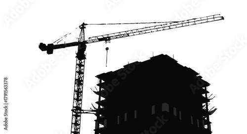 A striking monochrome silhouette of a towering construction crane working alongside an unfinished building, symbolizing urban development and progress.