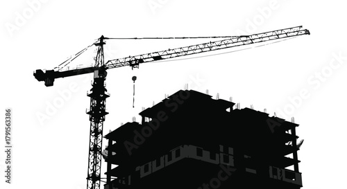 A stark silhouette of a towering construction crane working alongside a developing urban building, symbolizing progress and architectural ambition against a minimalist backdrop.