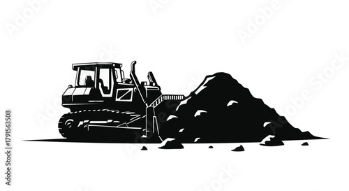 A powerful bulldozer, depicted in a stark black and white silhouette, actively pushes a large mound of earth, symbolizing heavy construction and groundwork.