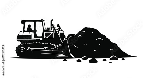 A powerful, silhouetted bulldozer, operated by a worker, efficiently pushes a large mound of soil, symbolizing heavy construction and groundwork.