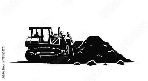 A powerful bulldozer, depicted as a stark black silhouette, actively pushes a large mound of earth, symbolizing heavy construction work and ground-moving operations.