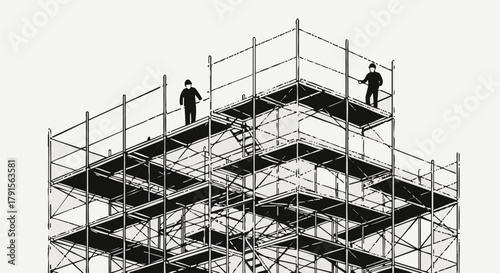 Two workers stand on a towering metal scaffolding structure, overseeing urban construction against a stark, minimalist background, representing industrial progress.