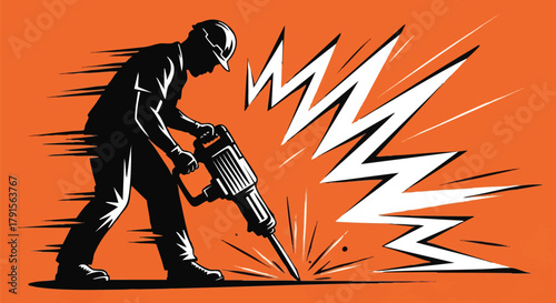 A determined construction worker in silhouette skillfully operates a powerful jackhammer, creating a dynamic burst of energy against a vibrant orange backdrop.