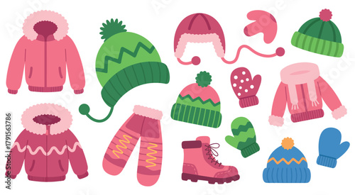 Cozy winter apparel with hats gloves and jackets in vibrant colors for seasonal fashion design