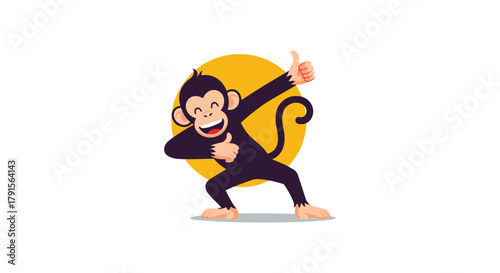 A cheerful cartoon monkey in a dab pose, giving two thumbs up, expresses happiness and approval against a yellow background.