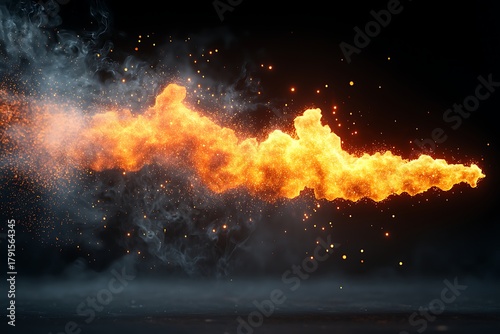 Dynamic Flame and Smoke Cloud with Glowing Sparks on a Dark Background