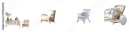 Coastal Living Room Furniture Collection: Rattan Armchairs, Wicker Sofa, and Whitewashed Console Table for a Relaxing Beach House Aesthetic with a Touch of Bohemian Style