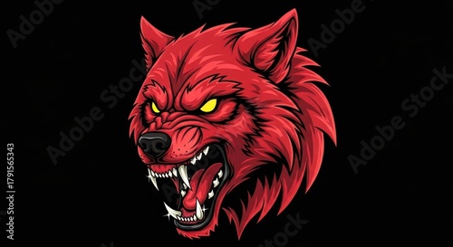 Vivid crimson wolf head, teeth bared in a fearsome snarl, glowing yellow eyes set against a dark