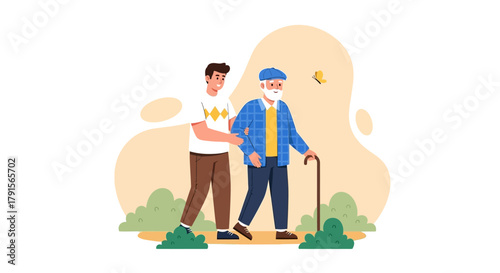 Volunteer Assisting Old Man with Walking Cane