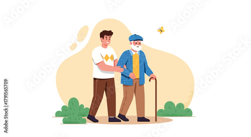 Young Man Helping Elderly Senior Man to Walk