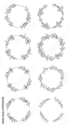 Botanical circular illustrations displaying various hand-drawn floral wreath designs and