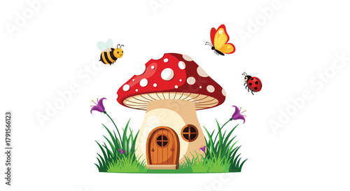 Cute cartoon mushroom house with a red roof, green grass, and purple flowers, featuring a bee, a butterfly, and a ladybug flying around.