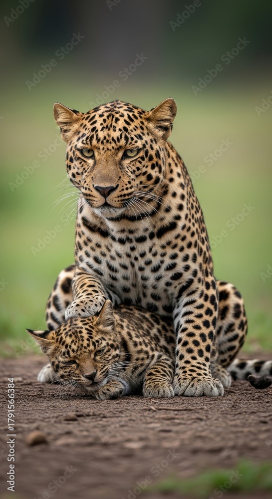 Obraz premium Leopard mother protecting her cub in the African savanna, a tender wildlife moment with affection