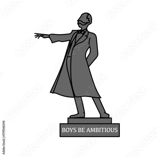 北海道の名所に設置された人物像が前方を指し示す姿を描いたシンプルなベクターイラスト｜象徴的なポーズと台座を組み合わせた観光イメージを表現する視覚素材