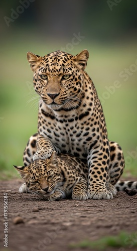 Leopard mother protecting her cub in the African savanna, a tender wildlife moment with affection