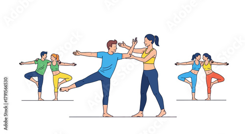 Group of people in various yoga poses with a