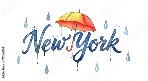 Watercolor illustration of New York with an umbrella and raindrops in a whimsical style