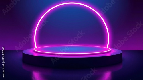 Futuristic neon archway and pedestal with purple and blue glow