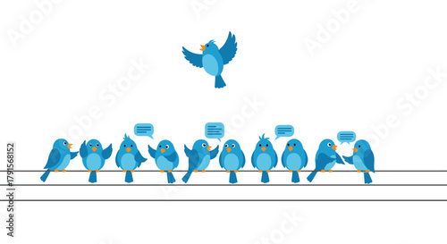 Blue birds on a wire with speech bubbles symbolize social media communication and community interaction, with one bird flying above.