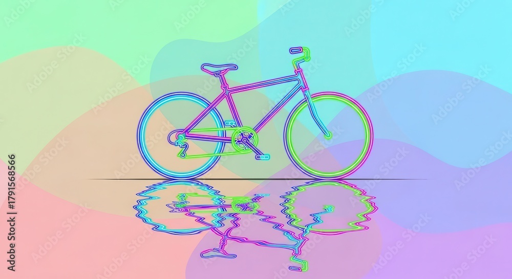 Fototapeta premium Stylized outline of a bicycle reflects on a rippled surface against a colorful pastel background