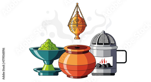 Illustration of a tea set with kettle and pot on