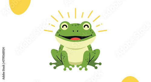 A cheerful green cartoon frog smiles widely with closed eyes, radiating positive energy with yellow light beams above its head.