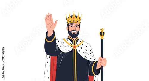 A friendly, bearded king in royal regalia, wearing a golden crown and holding a scepter, waves his hand in a welcoming gesture.