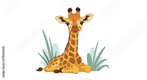 Cute baby giraffe illustration, sitting peacefully in a field of green grass with a friendly smile, perfect for children's designs.
