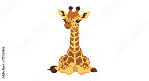 An adorable cartoon baby giraffe with distinctive spotted fur, an endearing expression, and small ossicones, depicted sitting down.