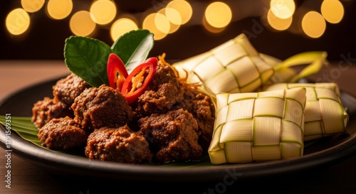 Delicious Rendang and Ketupat Dish on a Dark Background