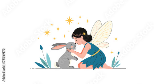 A gentle fairy child shares a tender moment with a beloved rabbit, illuminated by magical stars and soft nature elements.