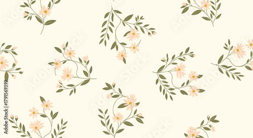 Charming seamless pattern featuring delicate pale peach blossoms and green foliage on a soft cream background, ideal for spring and summer designs.