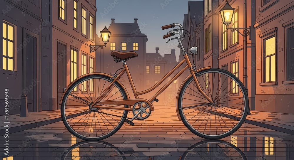 Fototapeta premium Vintage bicycle stands parked on a cobblestone street reflecting evening illumination from nearby buildings