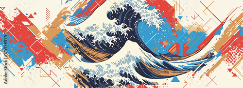 Ondas abstratas em estilo japonês com elementos geométricos e texturas em tons de azul, vermelho e ocre.