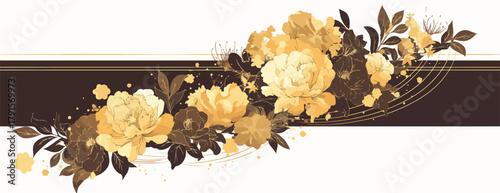 Vetor floral com rosas douradas e folhas em tons terrosos sobre fundo claro com detalhes gráficos