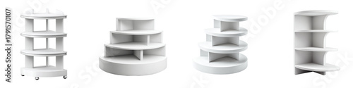 Modern display stands and shelving units in various sleek circular and corner designs perfect for retail product showcasing and organized storage solutions