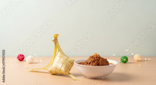 Rendang dish and woven ketupat presented on wooden table