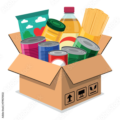 food donation box with nonperishable items and canned goods for relief and volunteer aid